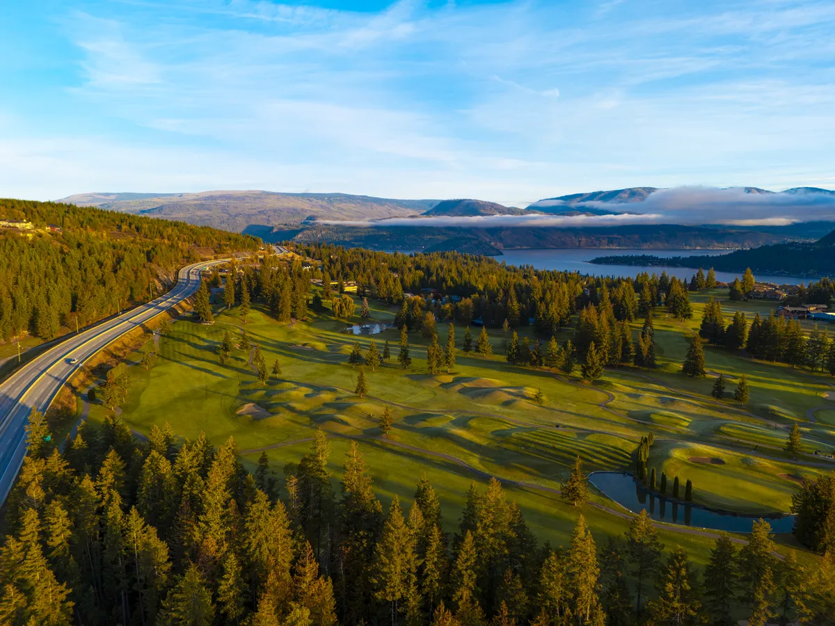 Shuswap Lake Golf Course at Blind Bay from the air, the 18 holes below The Highlands lots