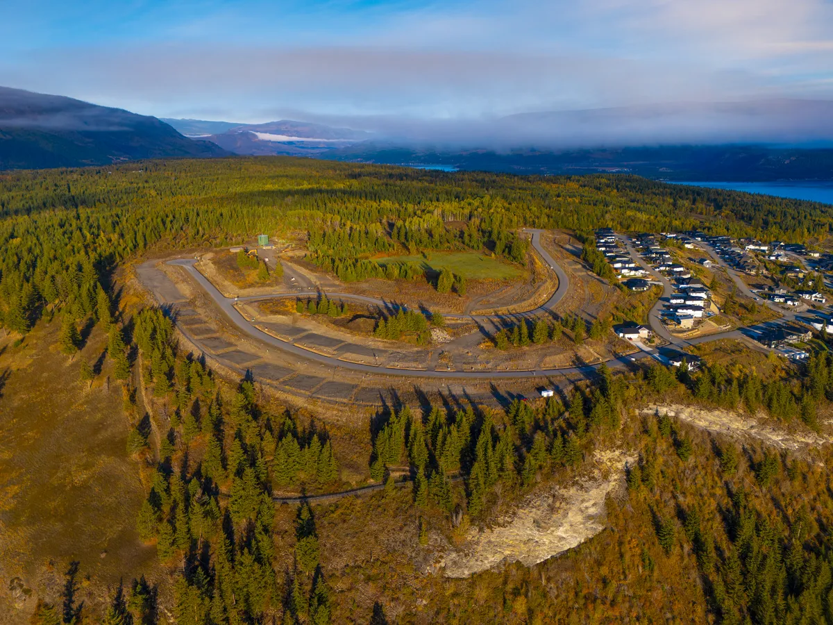 The south rim and centre of The Highlands Phase 3 from the air with Shuswap Lake to the left, Blind Bay