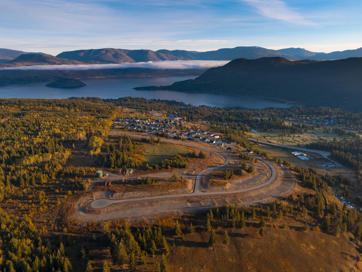 Shuswap Lake and Copper Island from above Blind Bay; the marina sits on the shore below