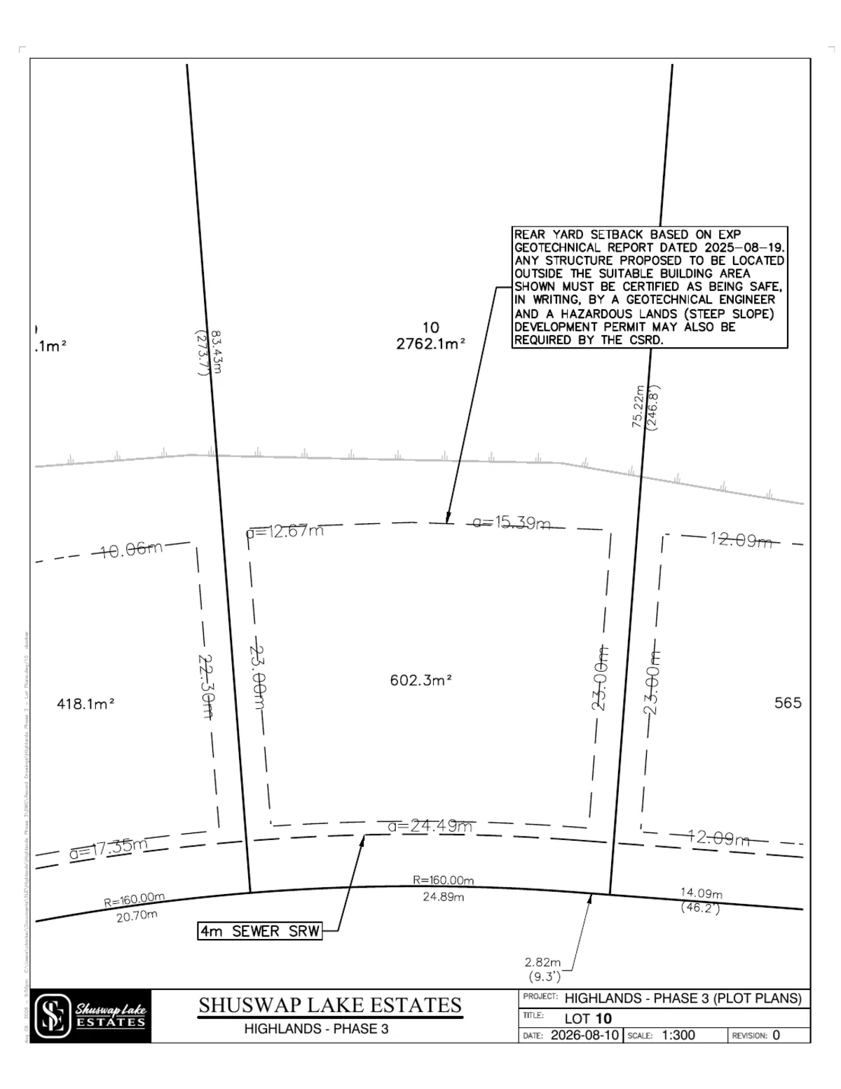 Lot 10 registered survey plot plan, dimensions, setbacks and easements, The Highlands at Blind Bay Phase 3