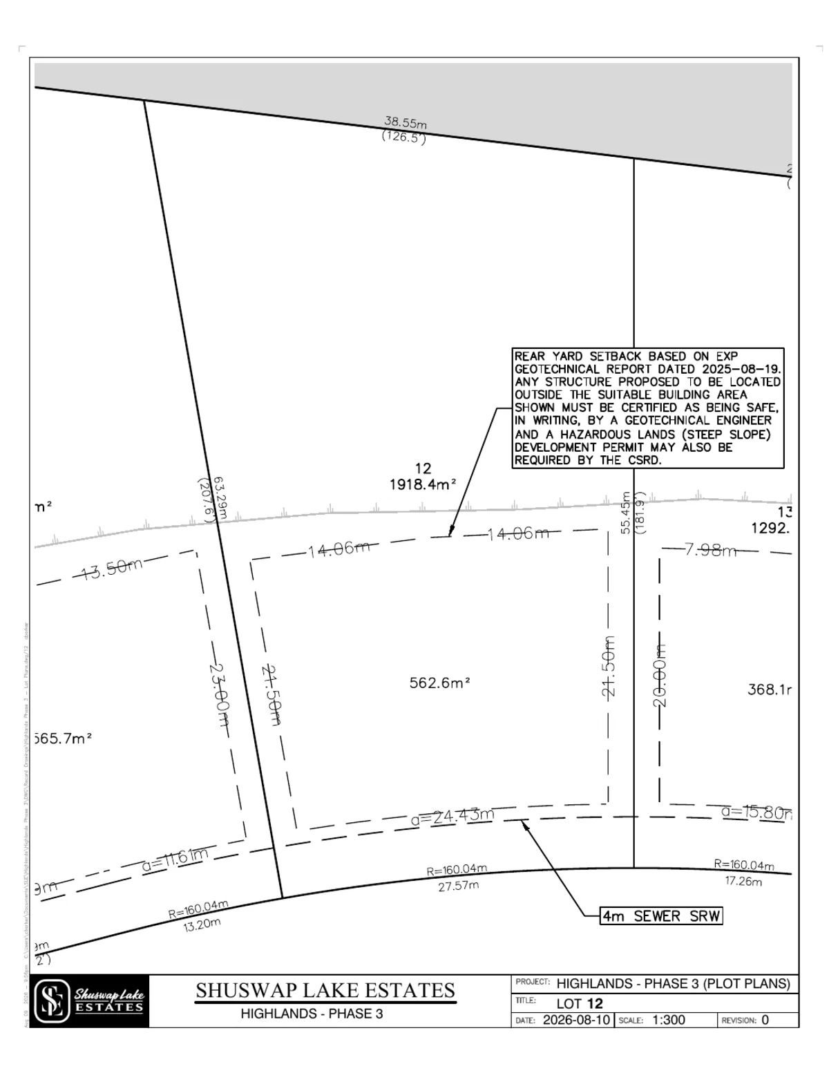 Lot 12 registered survey plot plan, dimensions, setbacks and easements, The Highlands at Blind Bay Phase 3