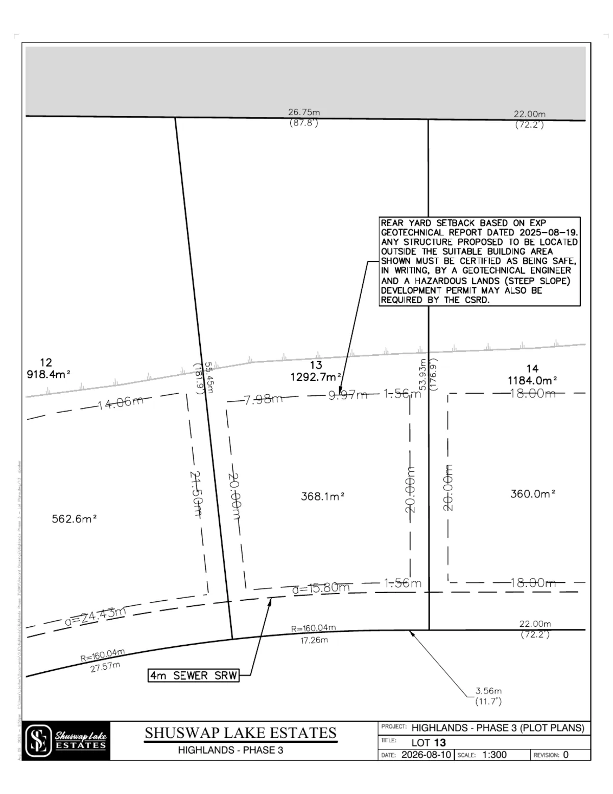 Lot 13 registered survey plot plan, dimensions, setbacks and easements, The Highlands at Blind Bay Phase 3