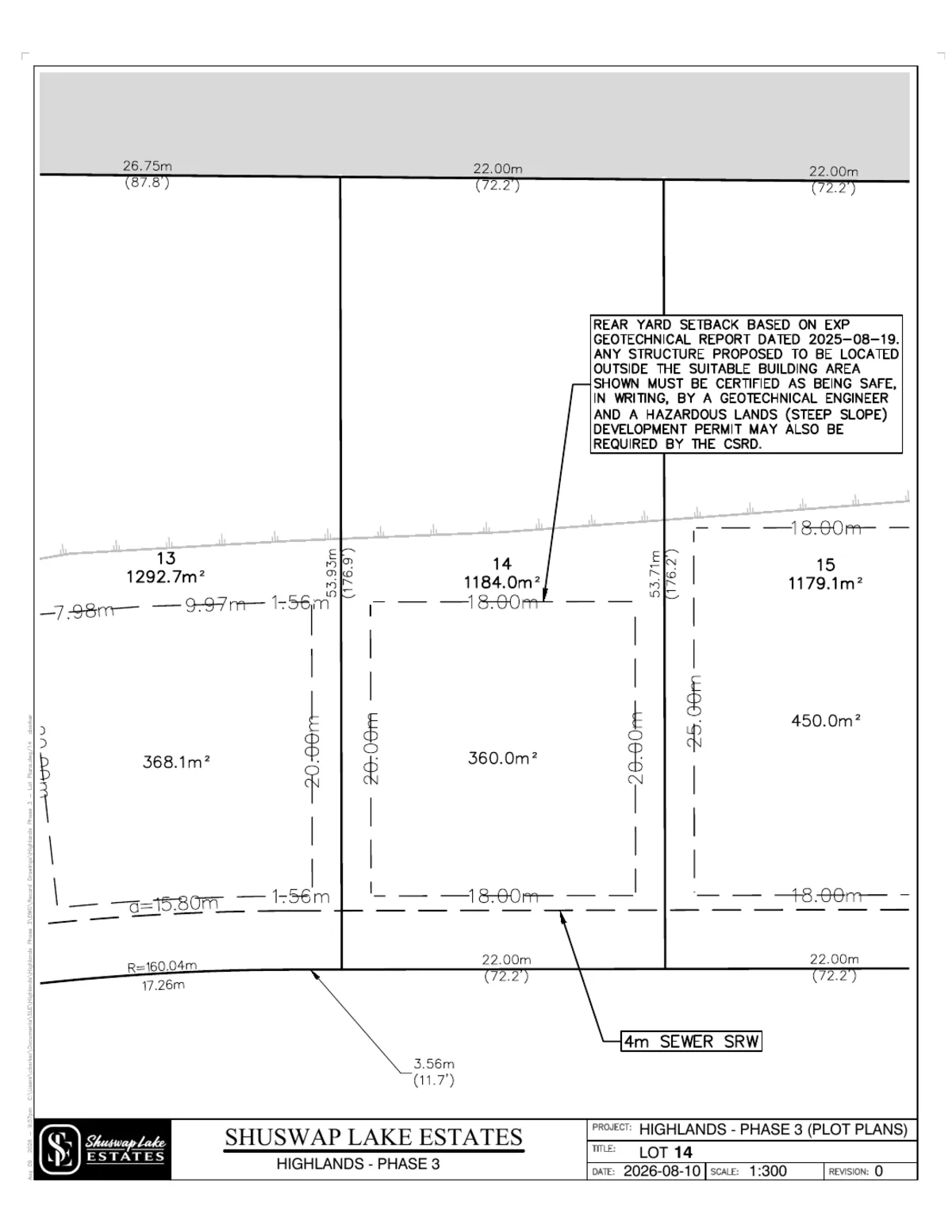 Lot 14 registered survey plot plan, dimensions, setbacks and easements, The Highlands at Blind Bay Phase 3