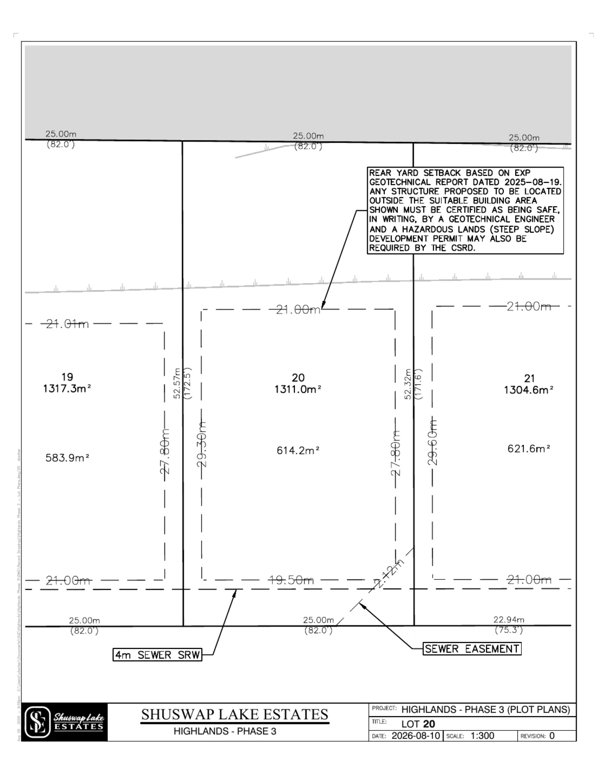Lot 20 registered survey plot plan, dimensions, setbacks and easements, The Highlands at Blind Bay Phase 3