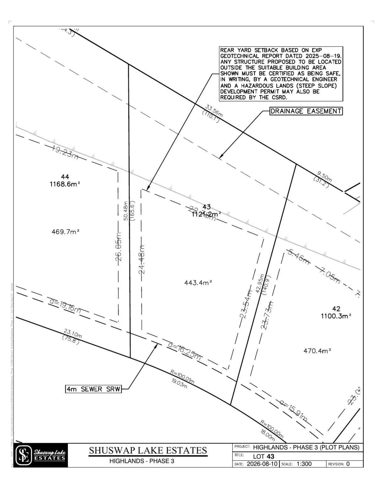 Lot 43 registered survey plot plan, dimensions, setbacks and easements, The Highlands at Blind Bay Phase 3