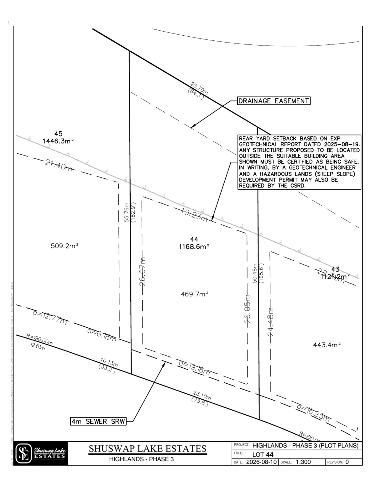 Lot 44 registered survey plot plan, dimensions, setbacks and easements, The Highlands at Blind Bay Phase 3