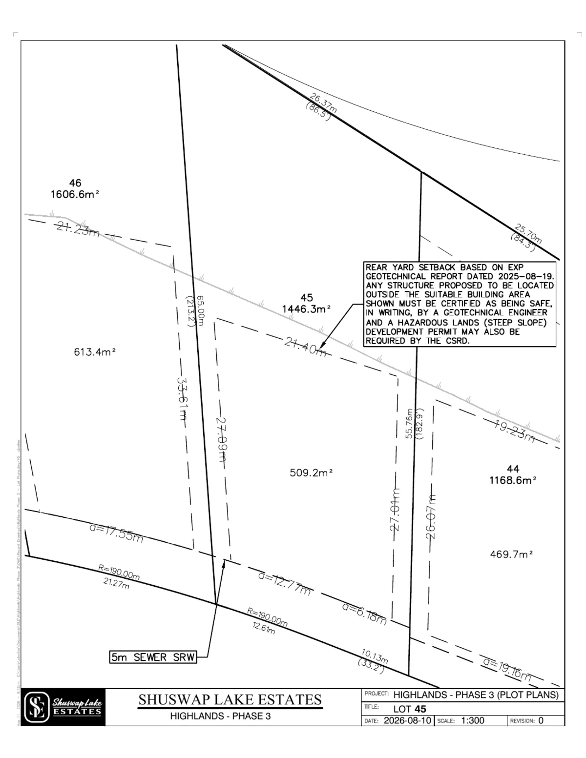 Lot 45 registered survey plot plan, dimensions, setbacks and easements, The Highlands at Blind Bay Phase 3