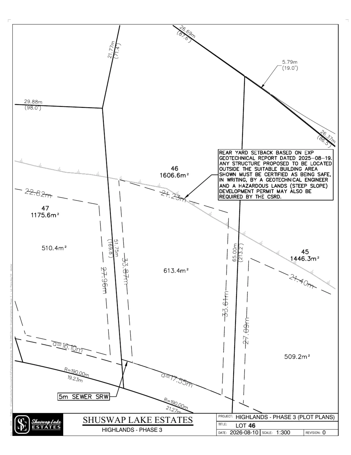 Lot 46 registered survey plot plan, dimensions, setbacks and easements, The Highlands at Blind Bay Phase 3