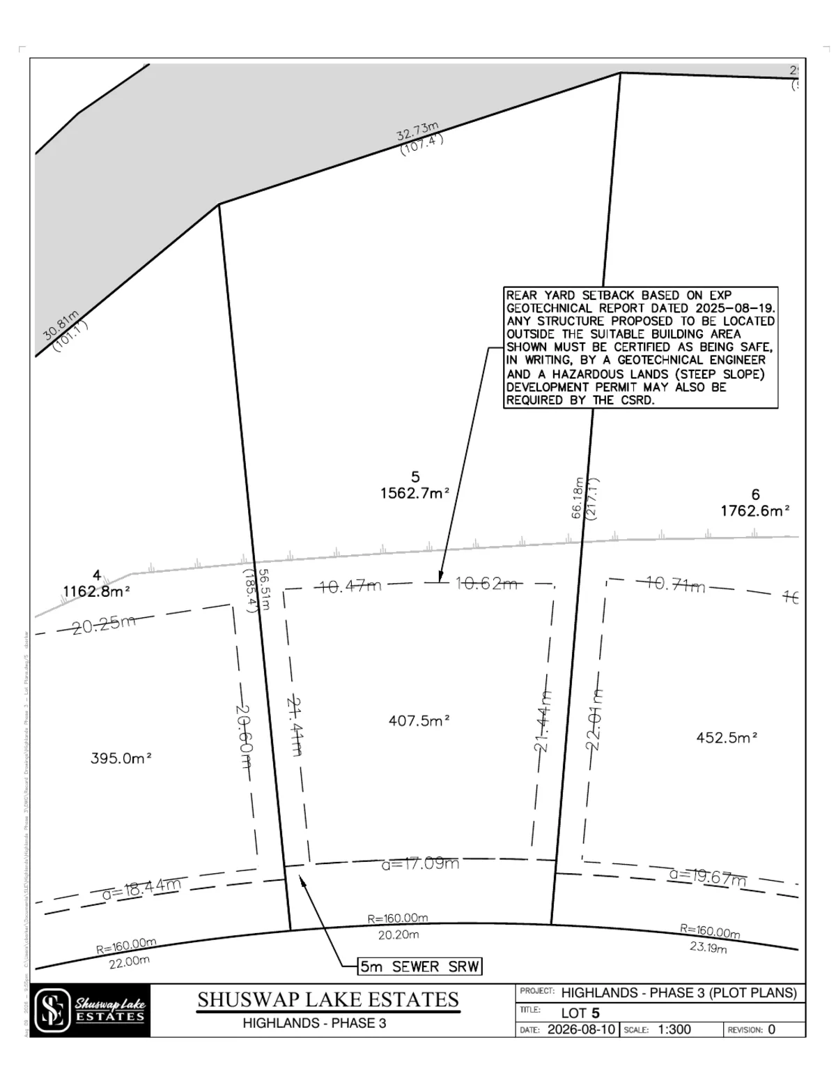 Lot 5 registered survey plot plan, dimensions, setbacks and easements, The Highlands at Blind Bay Phase 3