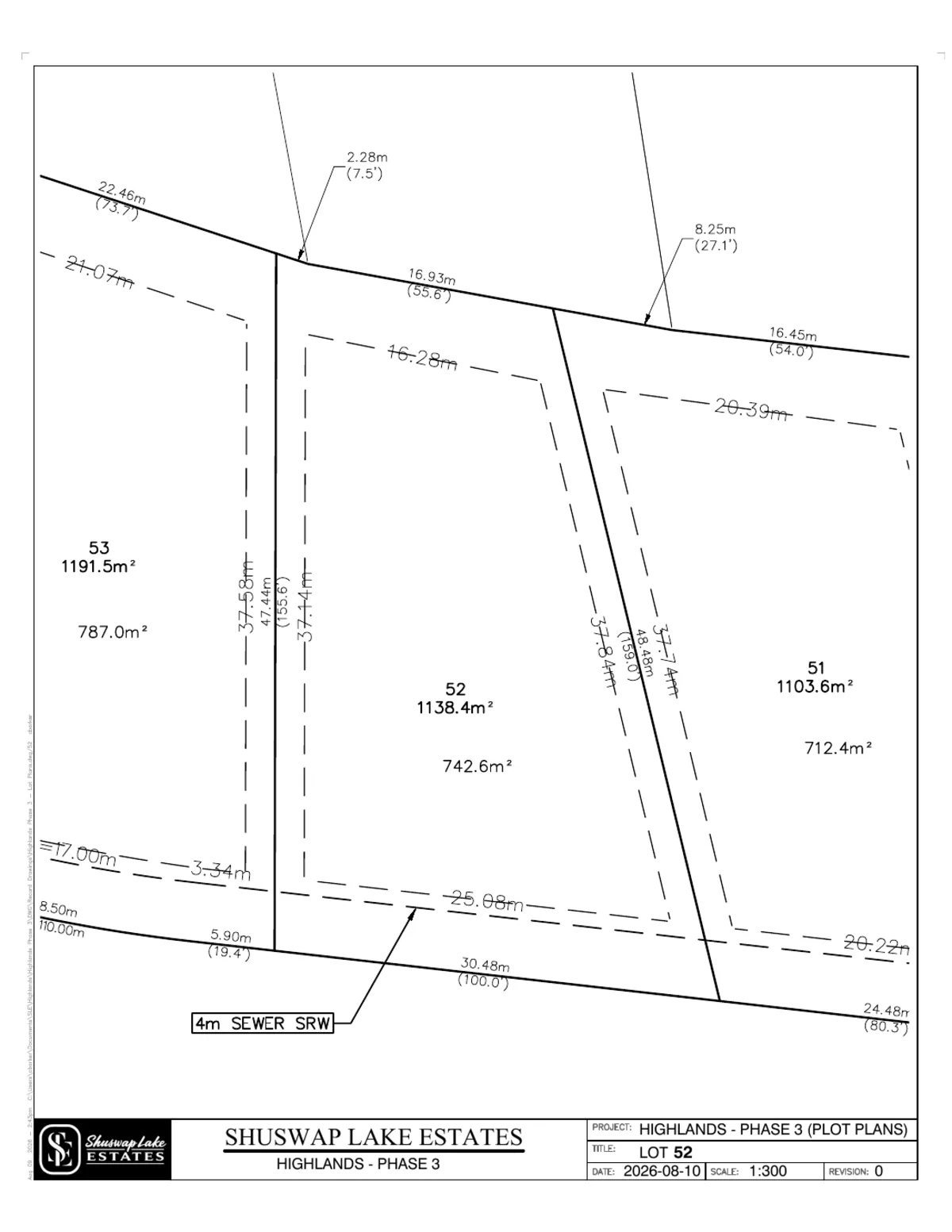 Lot 52 registered survey plot plan, dimensions, setbacks and easements, The Highlands at Blind Bay Phase 3