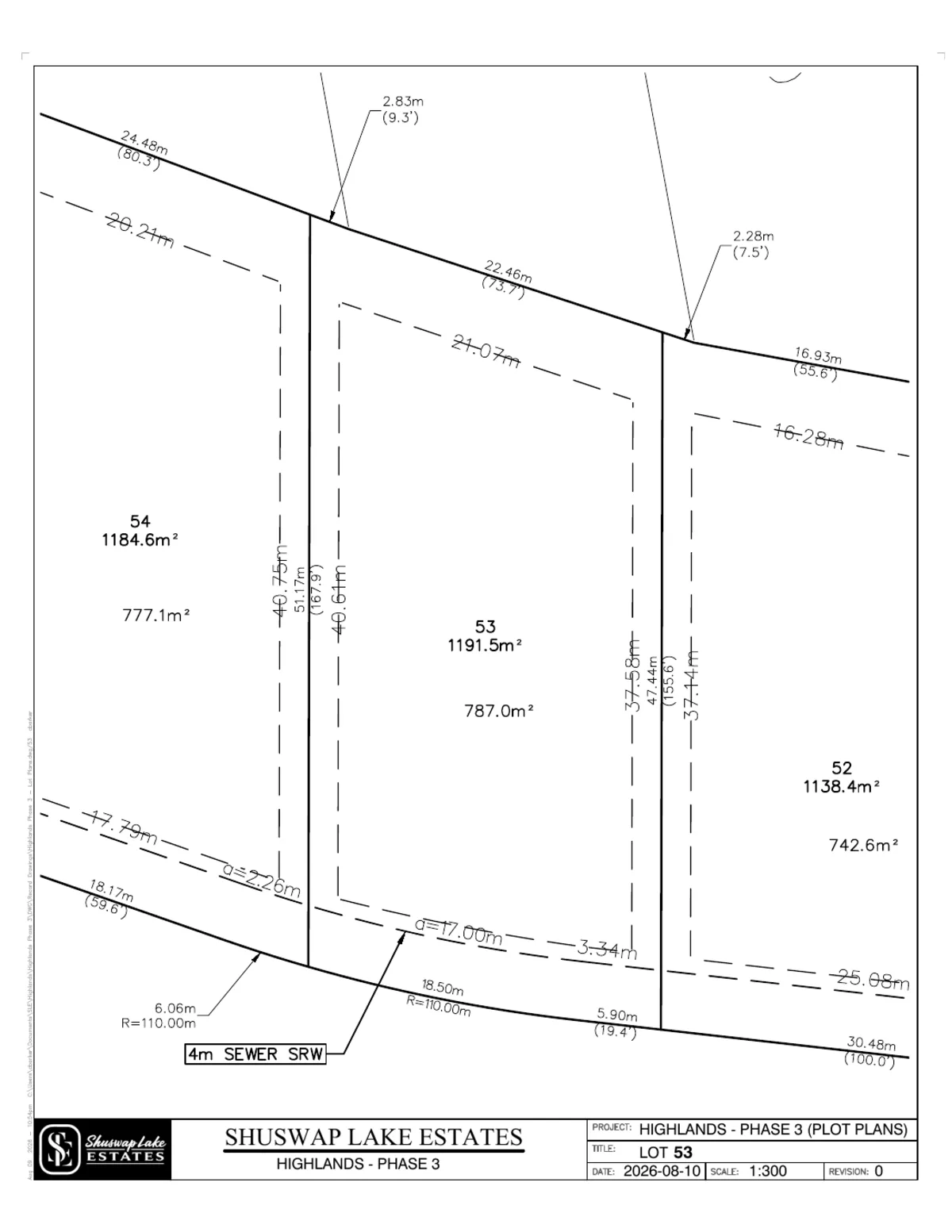 Lot 53 registered survey plot plan, dimensions, setbacks and easements, The Highlands at Blind Bay Phase 3