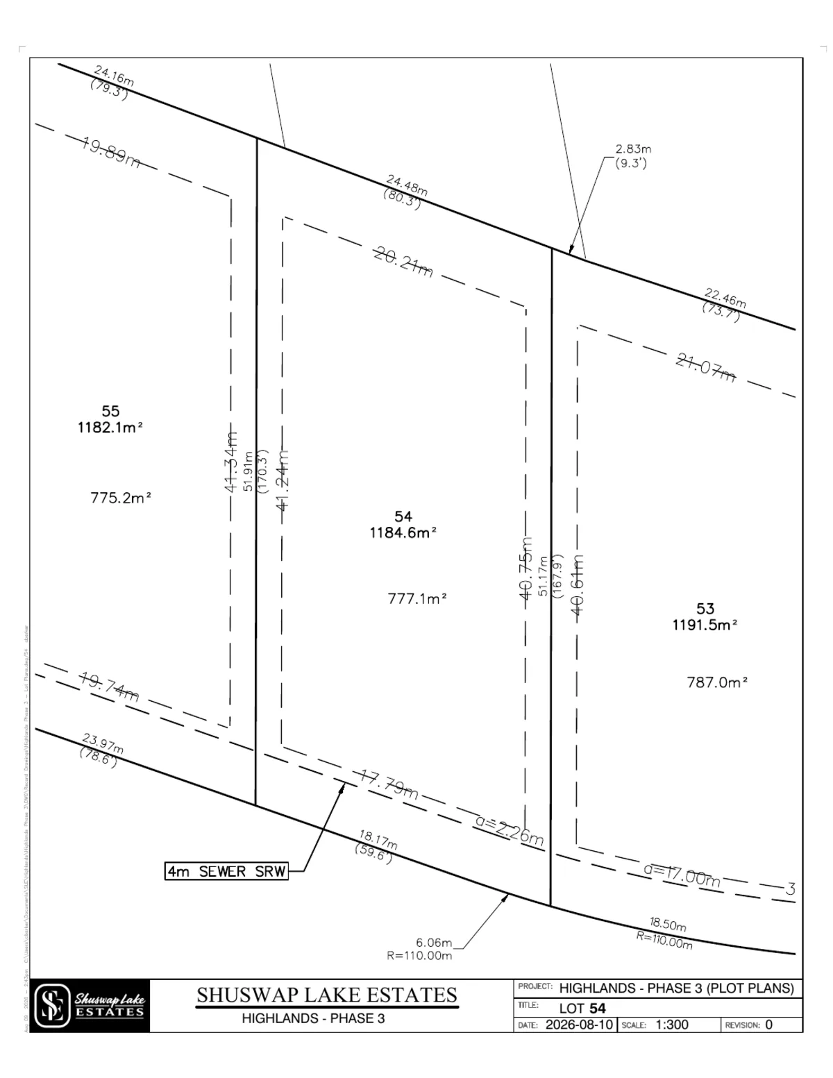 Lot 54 registered survey plot plan, dimensions, setbacks and easements, The Highlands at Blind Bay Phase 3