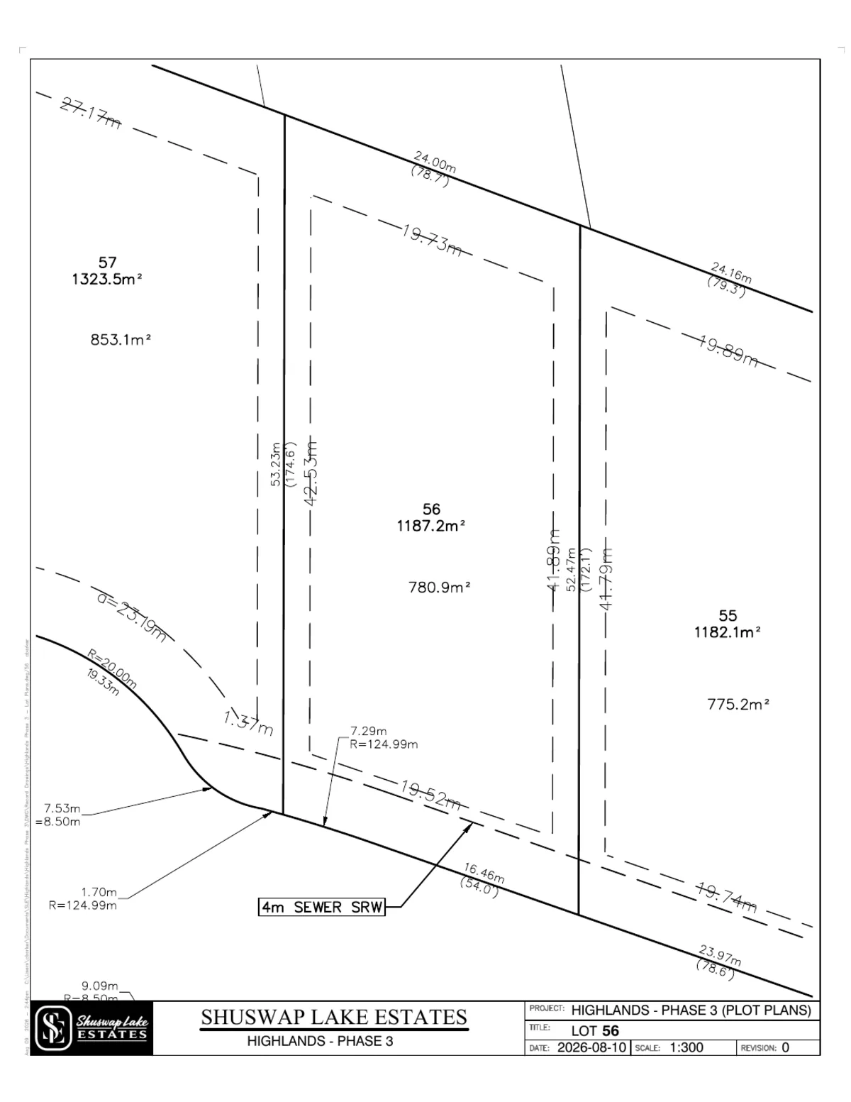 Lot 56 registered survey plot plan, dimensions, setbacks and easements, The Highlands at Blind Bay Phase 3