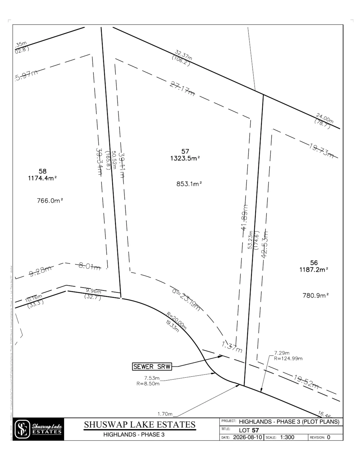 Lot 57 registered survey plot plan, dimensions, setbacks and easements, The Highlands at Blind Bay Phase 3
