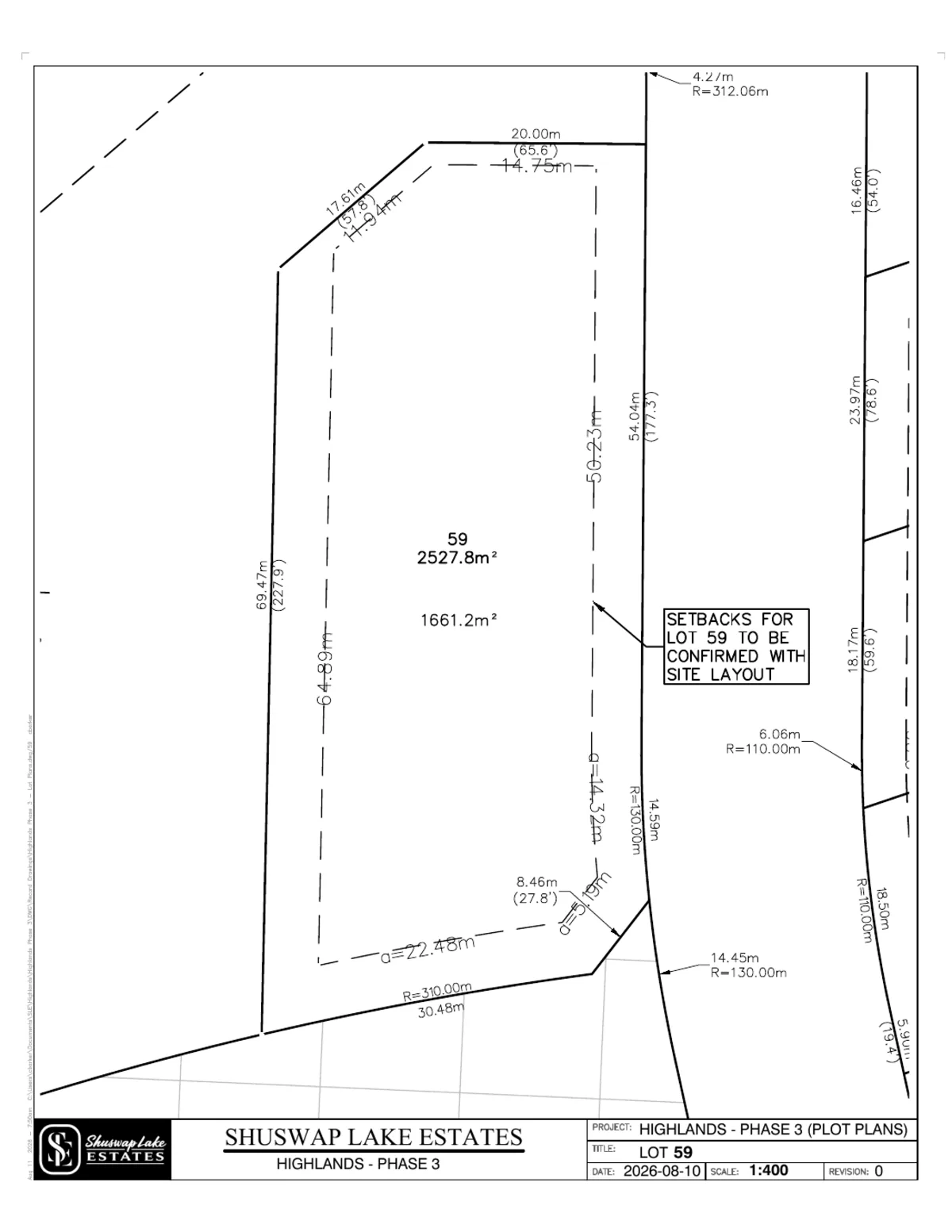 Lot 59 registered survey plot plan, dimensions, setbacks and easements, The Highlands at Blind Bay Phase 3