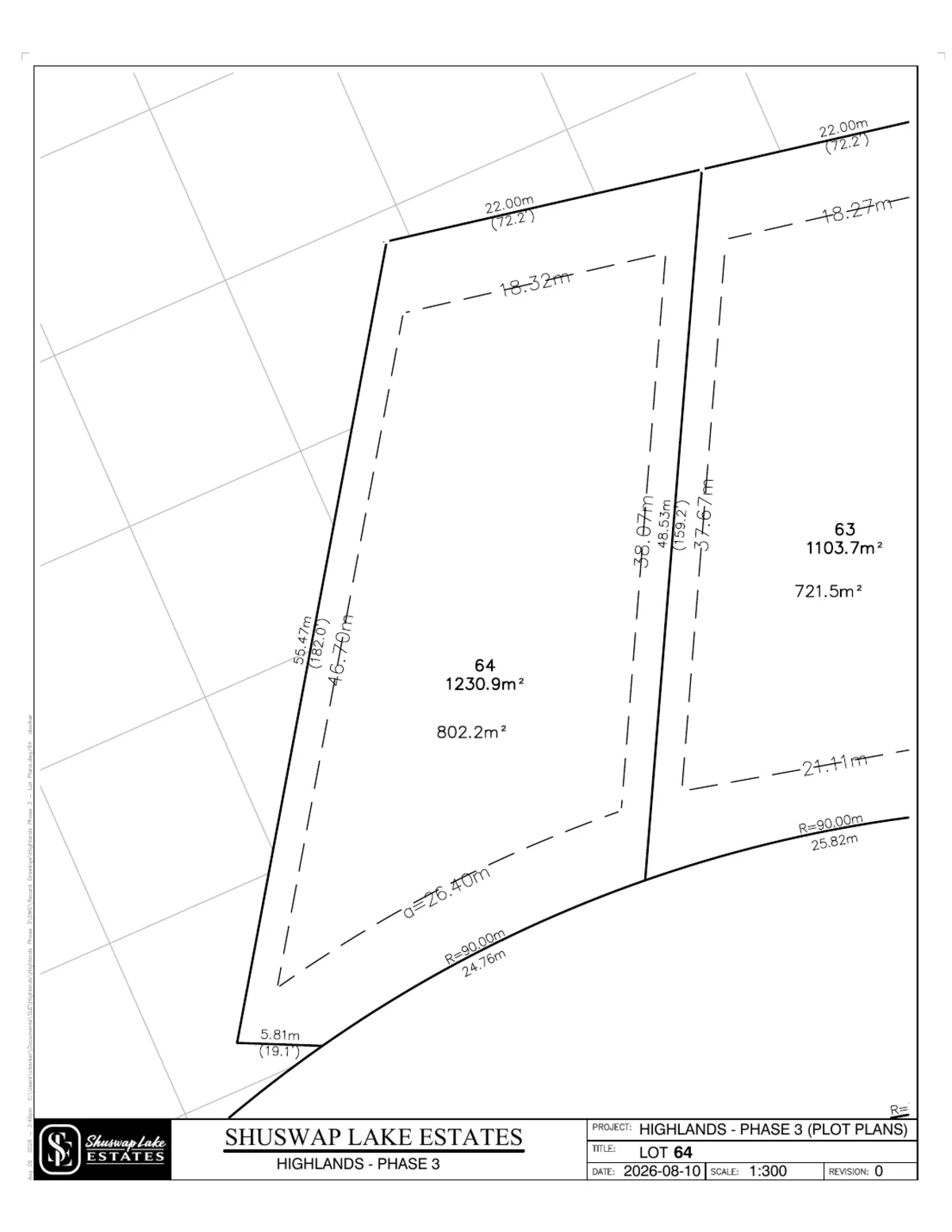 Lot 64 registered survey plot plan, dimensions, setbacks and easements, The Highlands at Blind Bay Phase 3