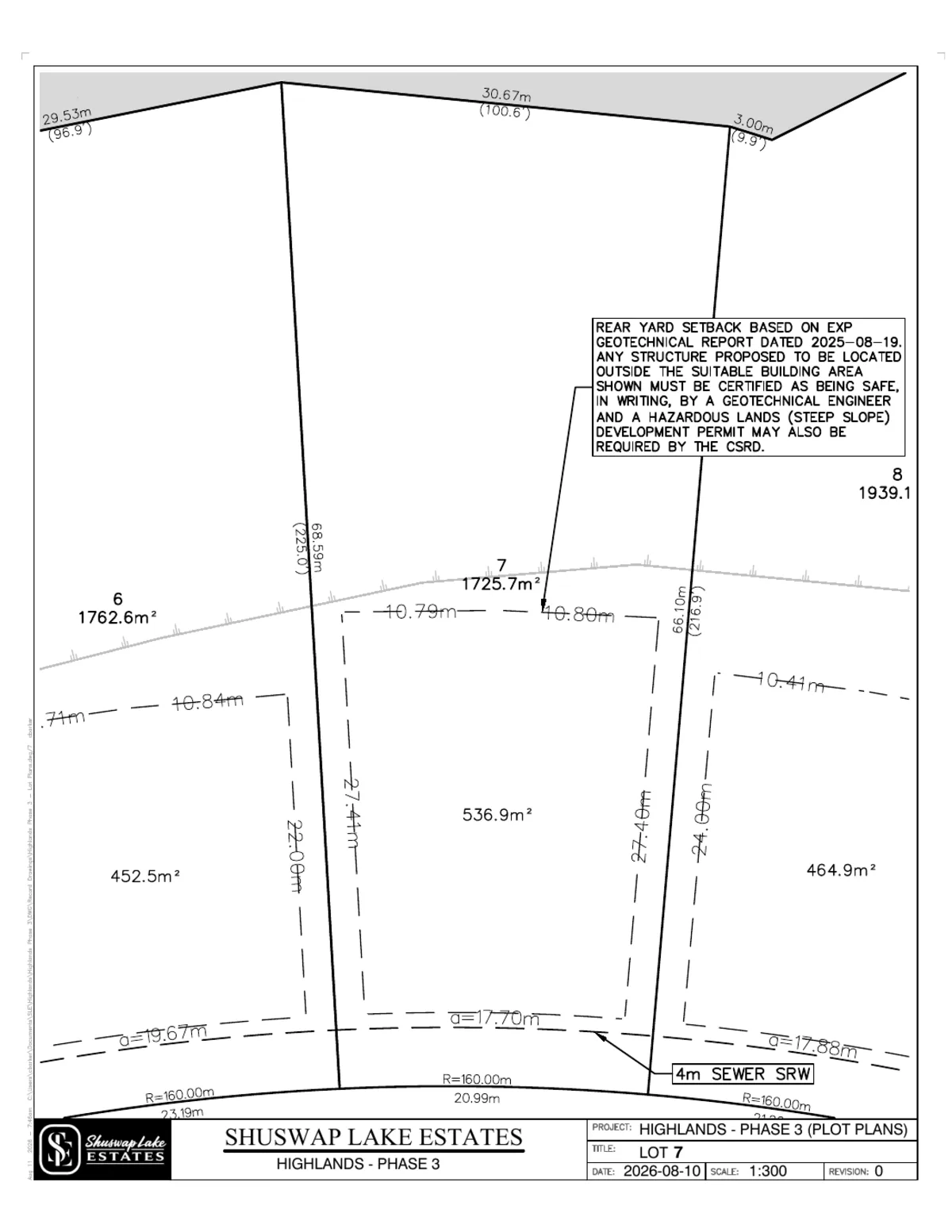 Lot 7 registered survey plot plan, dimensions, setbacks and easements, The Highlands at Blind Bay Phase 3