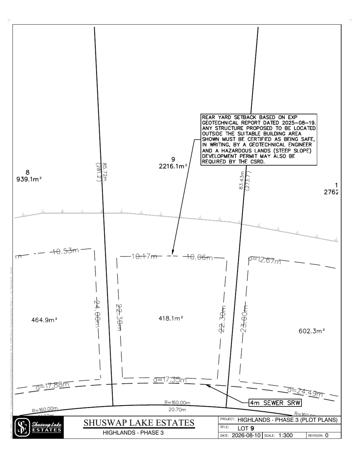Lot 9 registered survey plot plan, dimensions, setbacks and easements, The Highlands at Blind Bay Phase 3